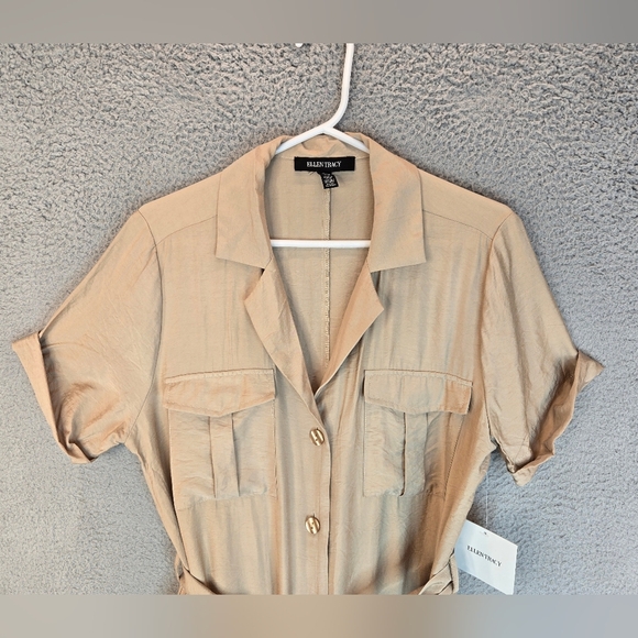 Ellen Tracy Midi Shirt Dress Sz M Tan Front Button Pockets Belted Casual Comfort - Picture 2 of 13